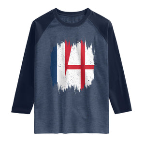 Vintage Grunge France England Flag Brush Stroke Graphic Raglan Shirt French Anglo English Heritage Pride Match Day TS02 Heather Denim Navy Print Your Wear