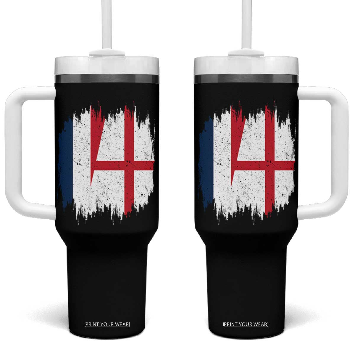 Vintage Grunge France England Flag Brush Stroke Graphic Tumbler With Handle French Anglo English Heritage Pride Match Day TS02 One Size: 40 oz Black Print Your Wear