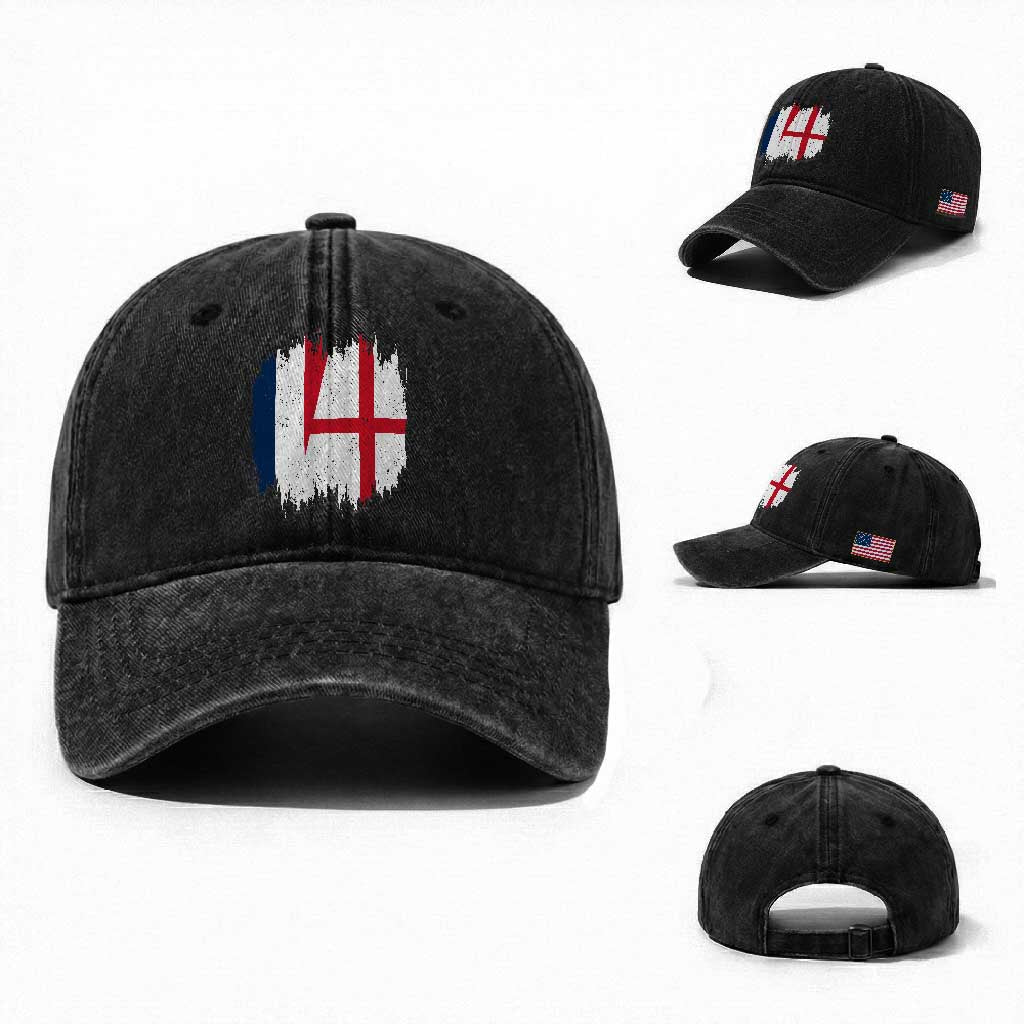 Vintage Grunge France England Flag Brush Stroke Graphic Washed Cotton Baseball Cap French Anglo English Heritage Pride Match Day TS02 Washed Cap Universal Fit Black Print Your Wear