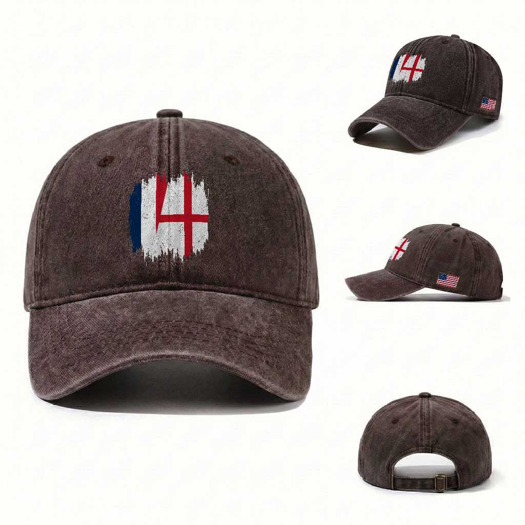Vintage Grunge France England Flag Brush Stroke Graphic Washed Cotton Baseball Cap French Anglo English Heritage Pride Match Day TS02 Washed Cap Universal Fit Dark Brown Print Your Wear