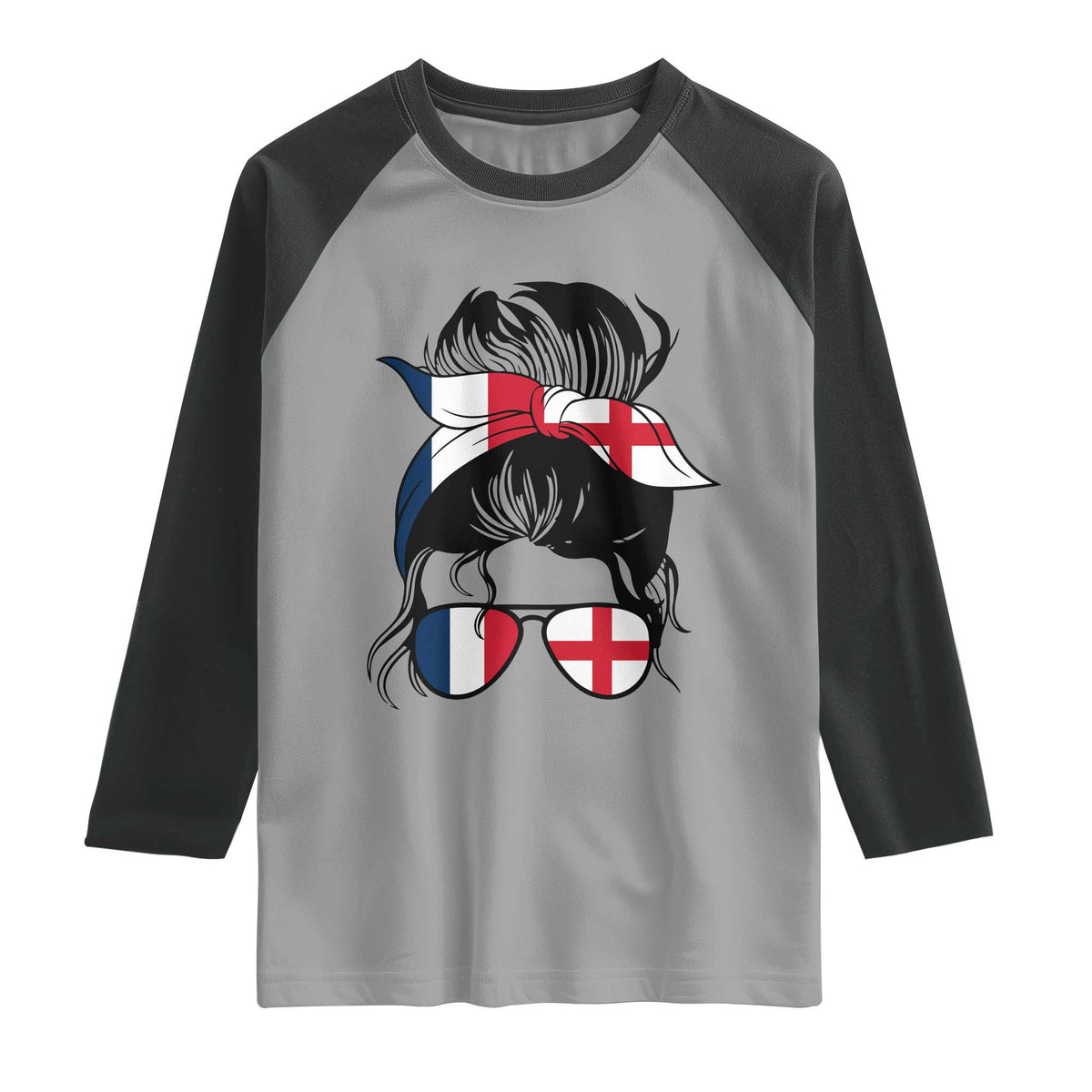 Proud France England Flag Messy Bun Bandana Sunglasses Graphic Raglan Shirt French Anglo English Heritage Roots Woman TS02 Sport Gray Black Print Your Wear