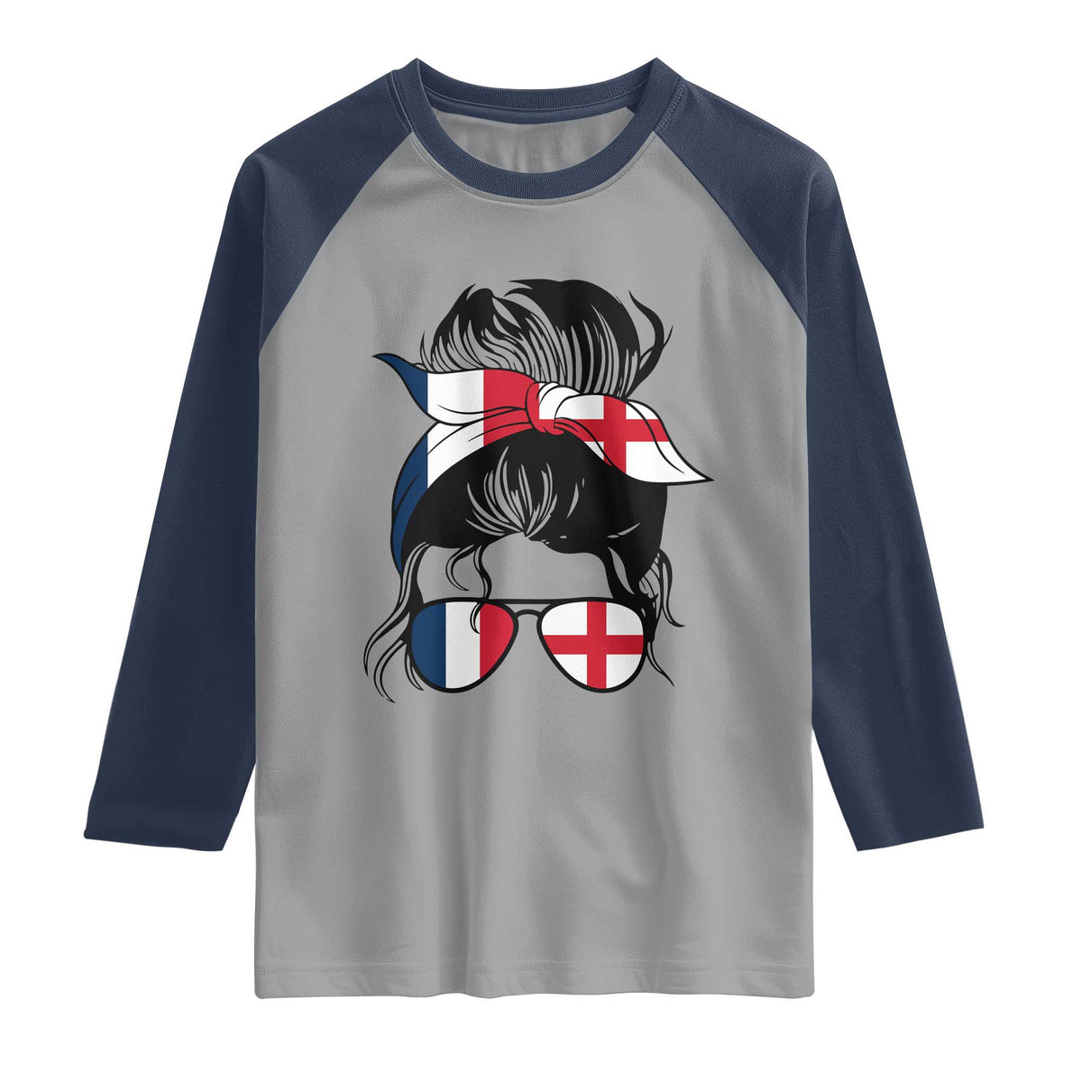 Proud France England Flag Messy Bun Bandana Sunglasses Graphic Raglan Shirt French Anglo English Heritage Roots Woman TS02 Sport Gray Navy Print Your Wear