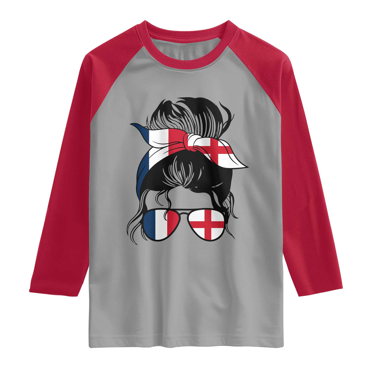 Proud France England Flag Messy Bun Bandana Sunglasses Graphic Raglan Shirt French Anglo English Heritage Roots Woman TS02 Sport Gray Red Print Your Wear