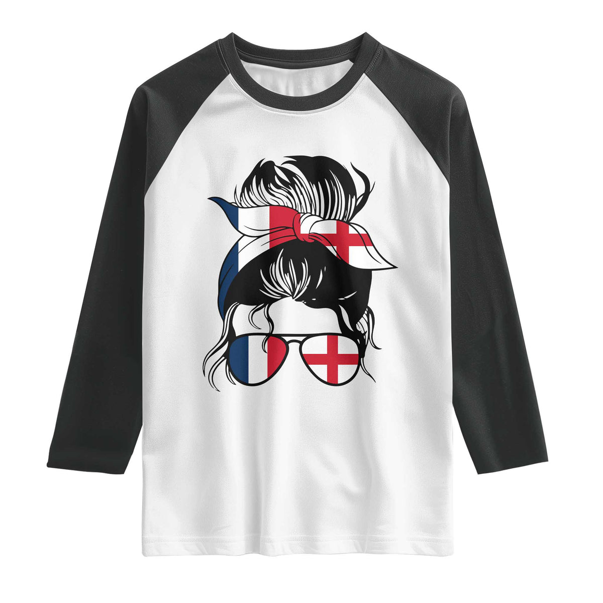 Proud France England Flag Messy Bun Bandana Sunglasses Graphic Raglan Shirt French Anglo English Heritage Roots Woman TS02 White Black Print Your Wear