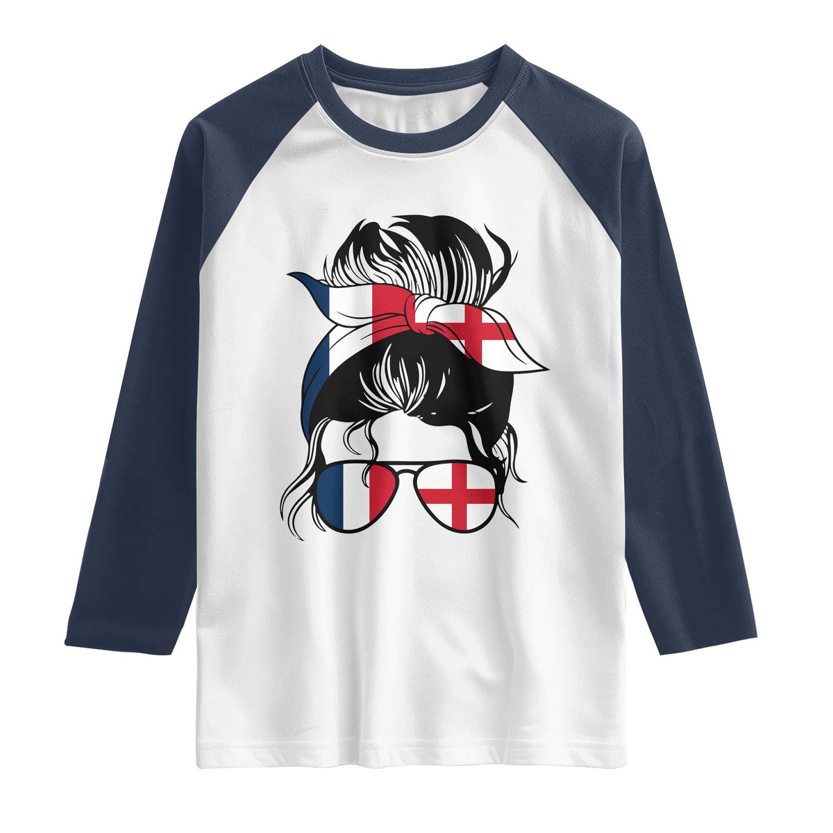 Proud France England Flag Messy Bun Bandana Sunglasses Graphic Raglan Shirt French Anglo English Heritage Roots Woman TS02 White Navy Print Your Wear