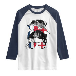 Proud France England Flag Messy Bun Bandana Sunglasses Graphic Raglan Shirt French Anglo English Heritage Roots Woman TS02 White Navy Print Your Wear