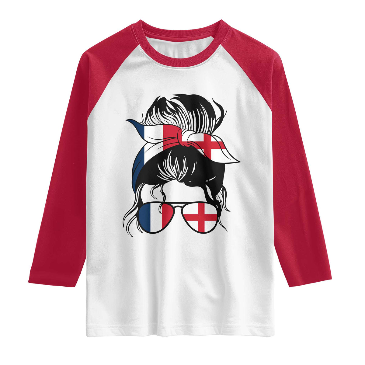 Proud France England Flag Messy Bun Bandana Sunglasses Graphic Raglan Shirt French Anglo English Heritage Roots Woman TS02 White Red Print Your Wear