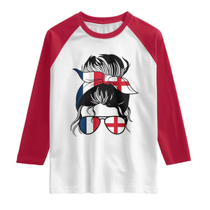 Proud France England Flag Messy Bun Bandana Sunglasses Graphic Raglan Shirt French Anglo English Heritage Roots Woman TS02 White Red Print Your Wear