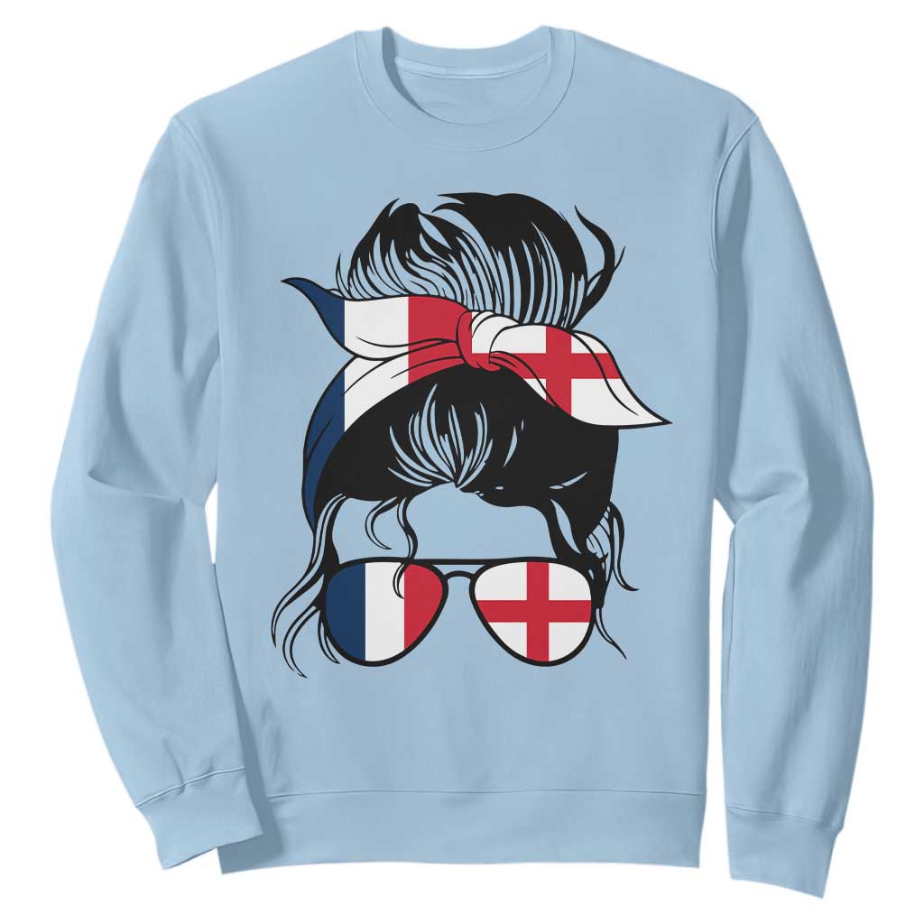 Proud France England Flag Messy Bun Bandana Sunglasses Graphic Sweatshirt French Anglo English Heritage Roots Woman TS02 Light Blue Print Your Wear