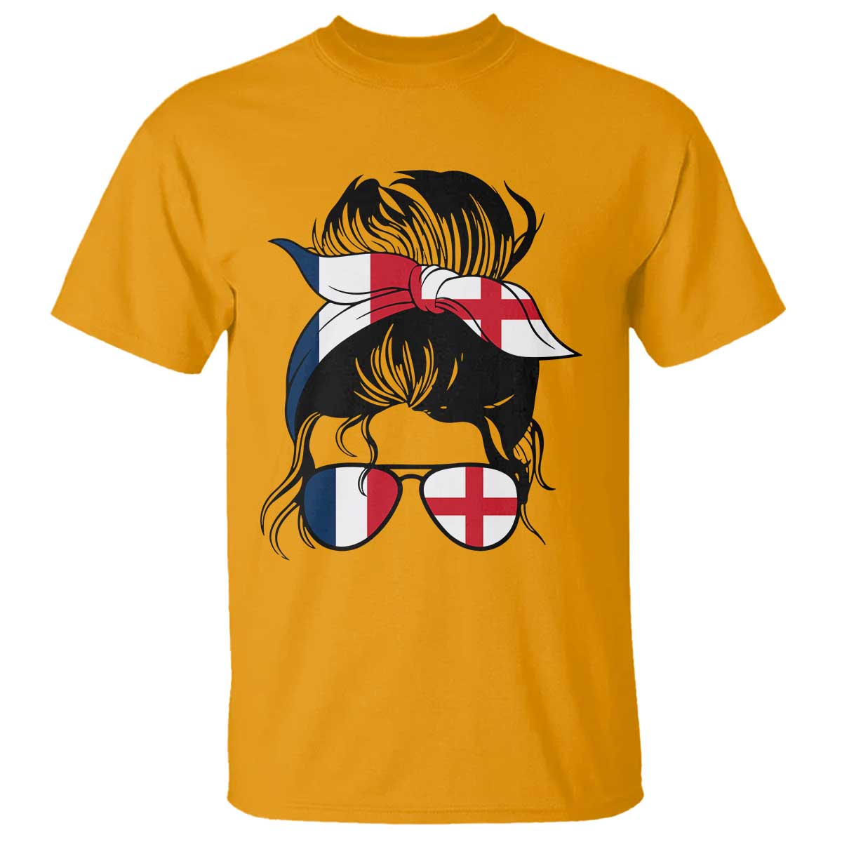 Proud France England Flag Messy Bun Bandana Sunglasses Graphic T Shirt French Anglo English Heritage Roots Woman TS02 Gold Print Your Wear