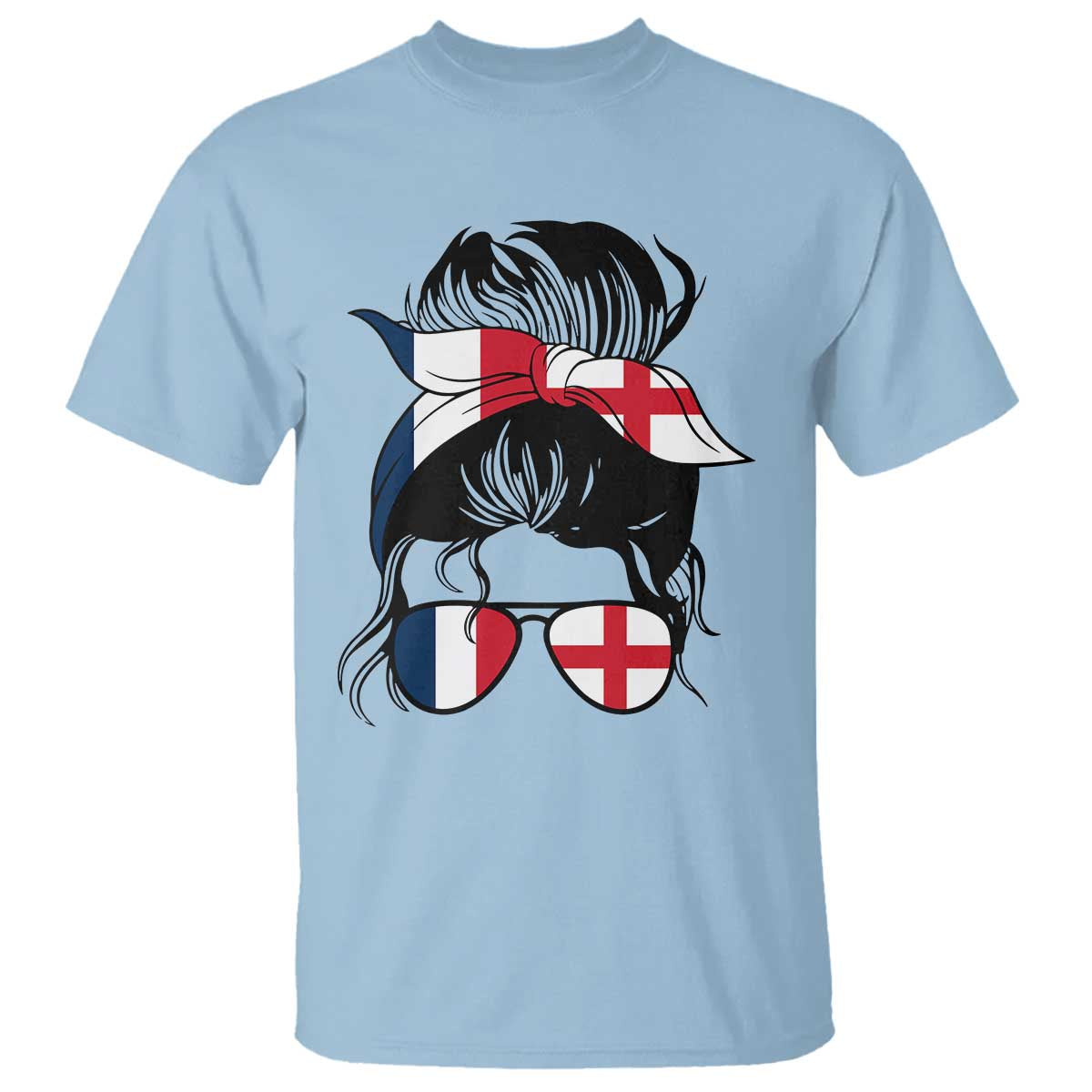 Proud France England Flag Messy Bun Bandana Sunglasses Graphic T Shirt French Anglo English Heritage Roots Woman TS02 Light Blue Print Your Wear