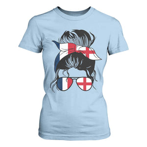Proud France England Flag Messy Bun Bandana Sunglasses Graphic T Shirt For Women French Anglo English Heritage Roots Woman TS02 Light Blue Print Your Wear