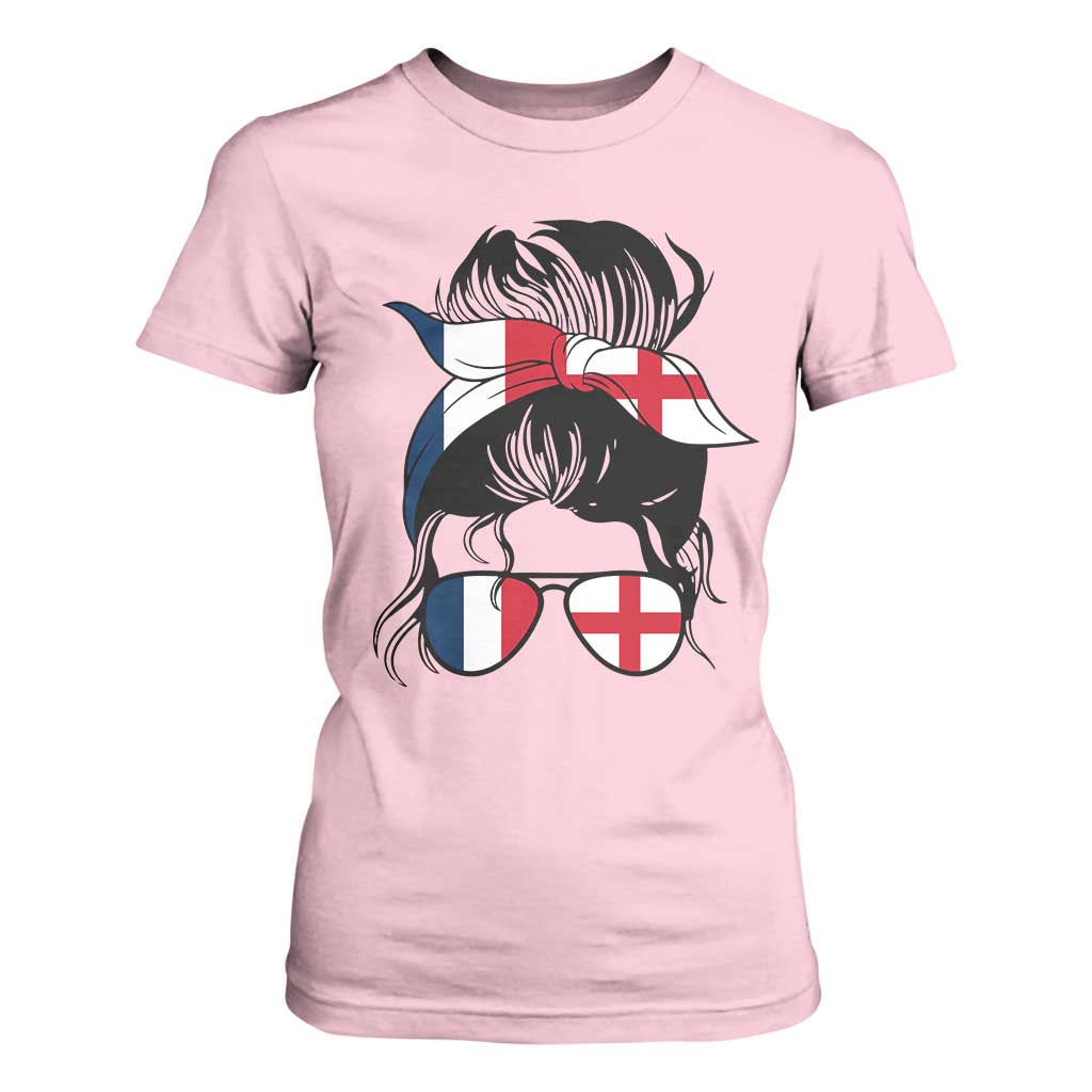 Proud France England Flag Messy Bun Bandana Sunglasses Graphic T Shirt For Women French Anglo English Heritage Roots Woman TS02 Light Pink Print Your Wear
