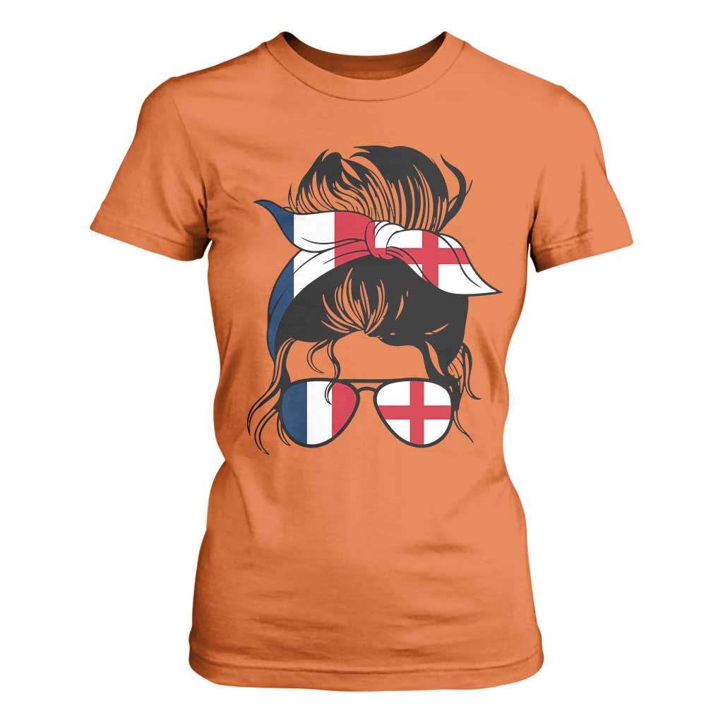 Proud France England Flag Messy Bun Bandana Sunglasses Graphic T Shirt For Women French Anglo English Heritage Roots Woman TS02 Orange Print Your Wear