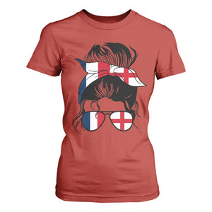 Proud France England Flag Messy Bun Bandana Sunglasses Graphic T Shirt For Women French Anglo English Heritage Roots Woman TS02 Red Print Your Wear
