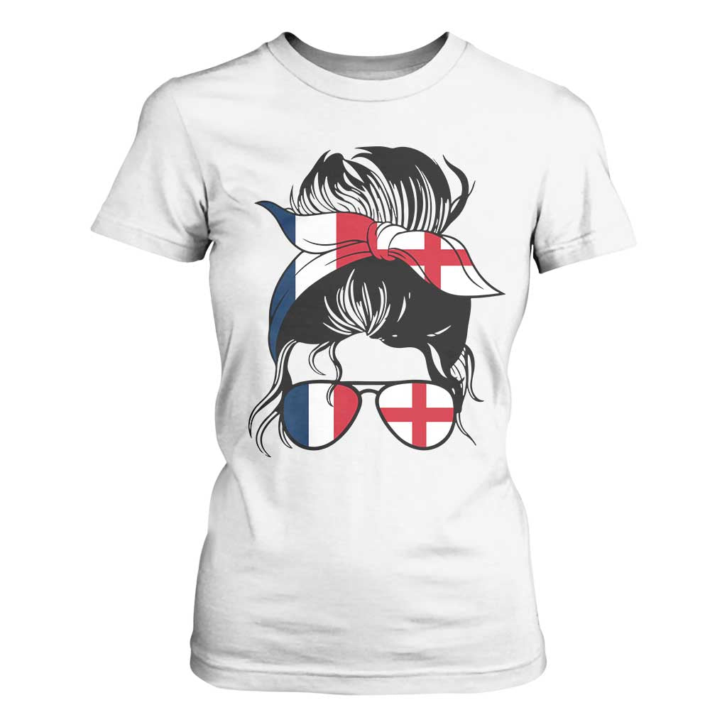 Proud France England Flag Messy Bun Bandana Sunglasses Graphic T Shirt For Women French Anglo English Heritage Roots Woman TS02 White Print Your Wear