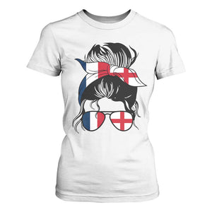 Proud France England Flag Messy Bun Bandana Sunglasses Graphic T Shirt For Women French Anglo English Heritage Roots Woman TS02 White Print Your Wear