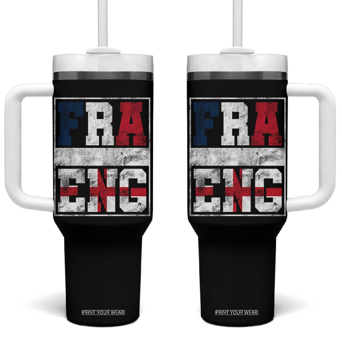 FRA ENG France England Flag Graphic Tumbler With Handle French English Country Pride TS02 One Size: 40 oz Black Print Your Wear