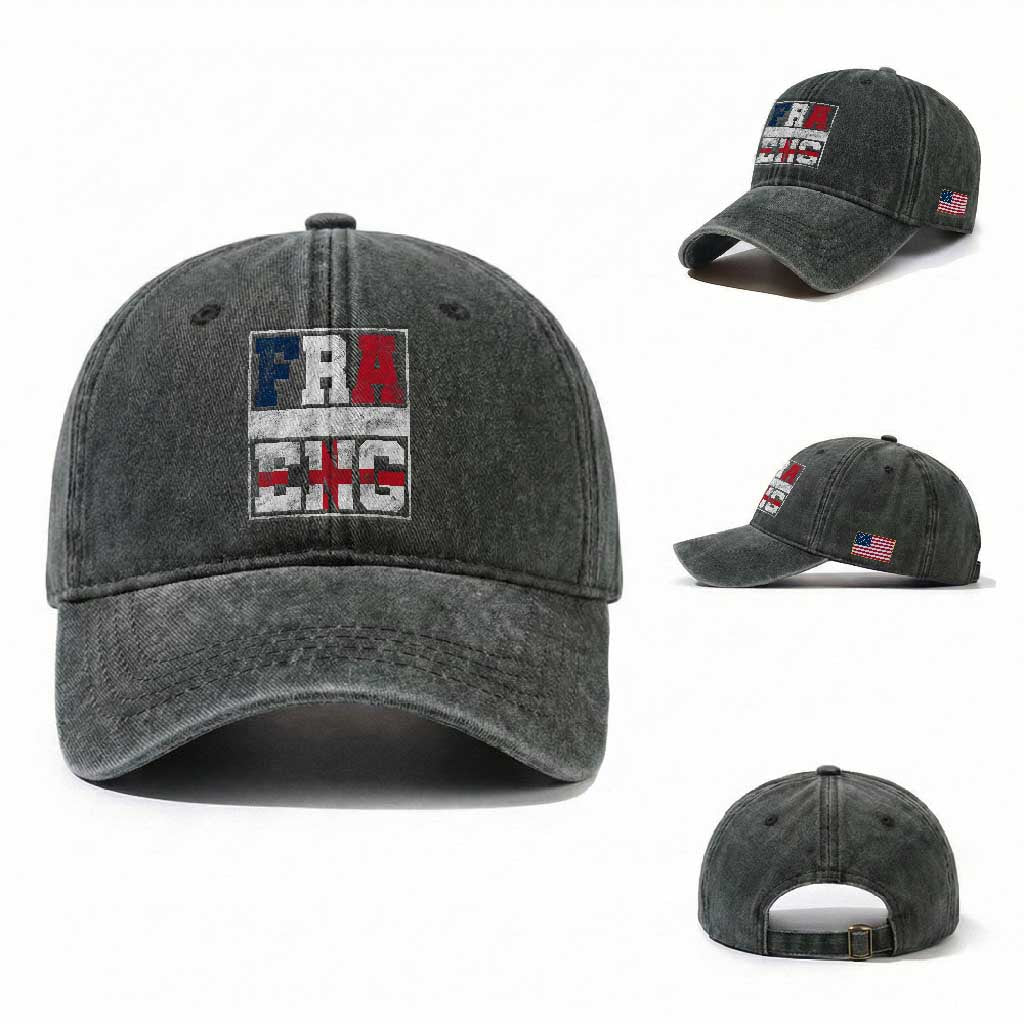 FRA ENG France England Flag Graphic Washed Cotton Baseball Cap French English Country Pride TS02 Washed Cap Universal Fit Dark Green Print Your Wear
