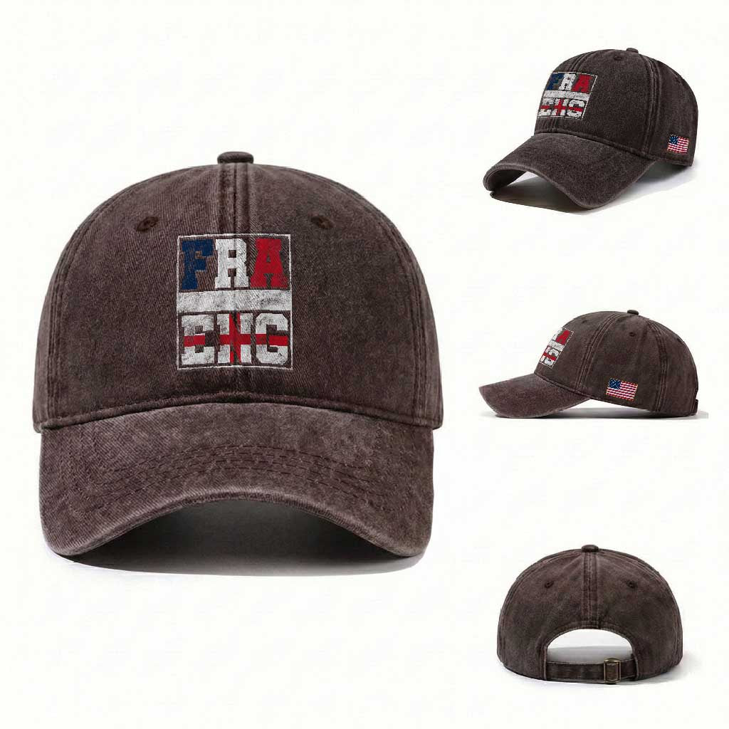 FRA ENG France England Flag Graphic Washed Cotton Baseball Cap French English Country Pride TS02 Washed Cap Universal Fit Dark Brown Print Your Wear