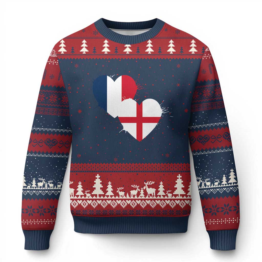 France England Flag Hearts Splatter Graphic Ugly Christmas Sweater Anglo English French Heritage Love Unity TS02 Navy Red Print Your Wear