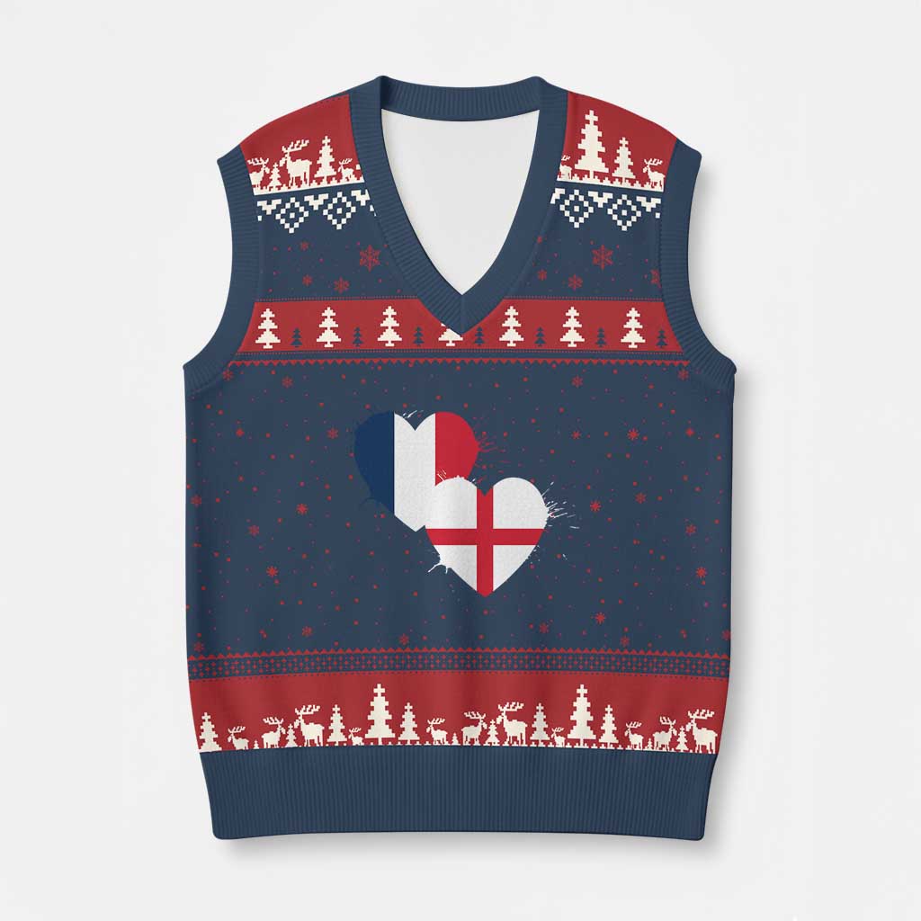 France England Flag Hearts Splatter Graphic V-Neck Knit Sweater Vest Anglo English French Heritage Love Unity TS02 Navy Red Print Your Wear