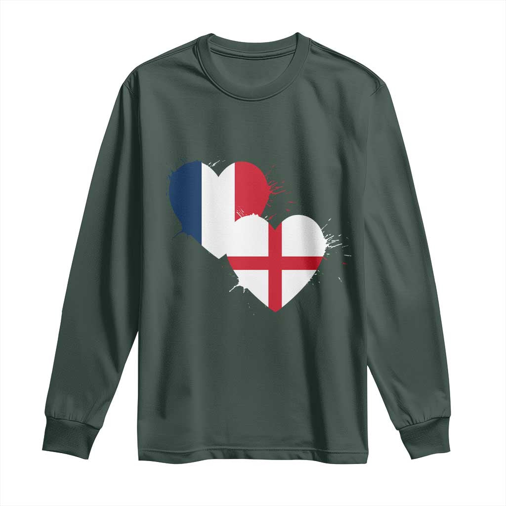 France England Flag Hearts Splatter Graphic Long Sleeve Shirt Anglo English French Heritage Love Unity