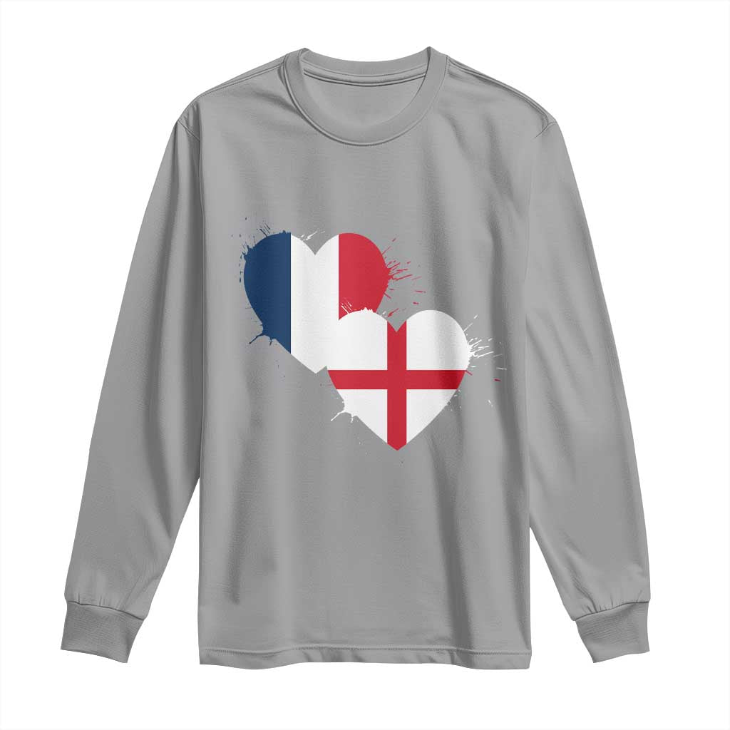 France England Flag Hearts Splatter Graphic Long Sleeve Shirt Anglo English French Heritage Love Unity