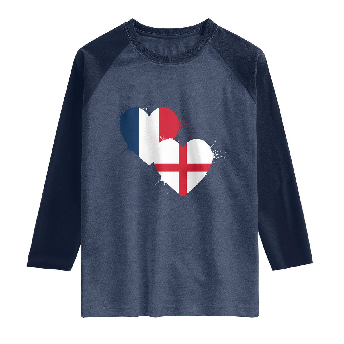 France England Flag Hearts Splatter Graphic Raglan Shirt Anglo English French Heritage Love Unity TS02 Heather Denim Navy Print Your Wear