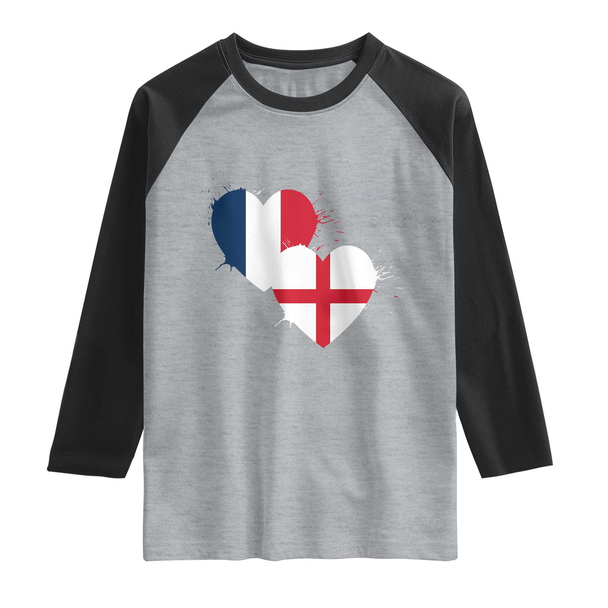 France England Flag Hearts Splatter Graphic Raglan Shirt Anglo English French Heritage Love Unity TS02 Heather Gray Black Print Your Wear