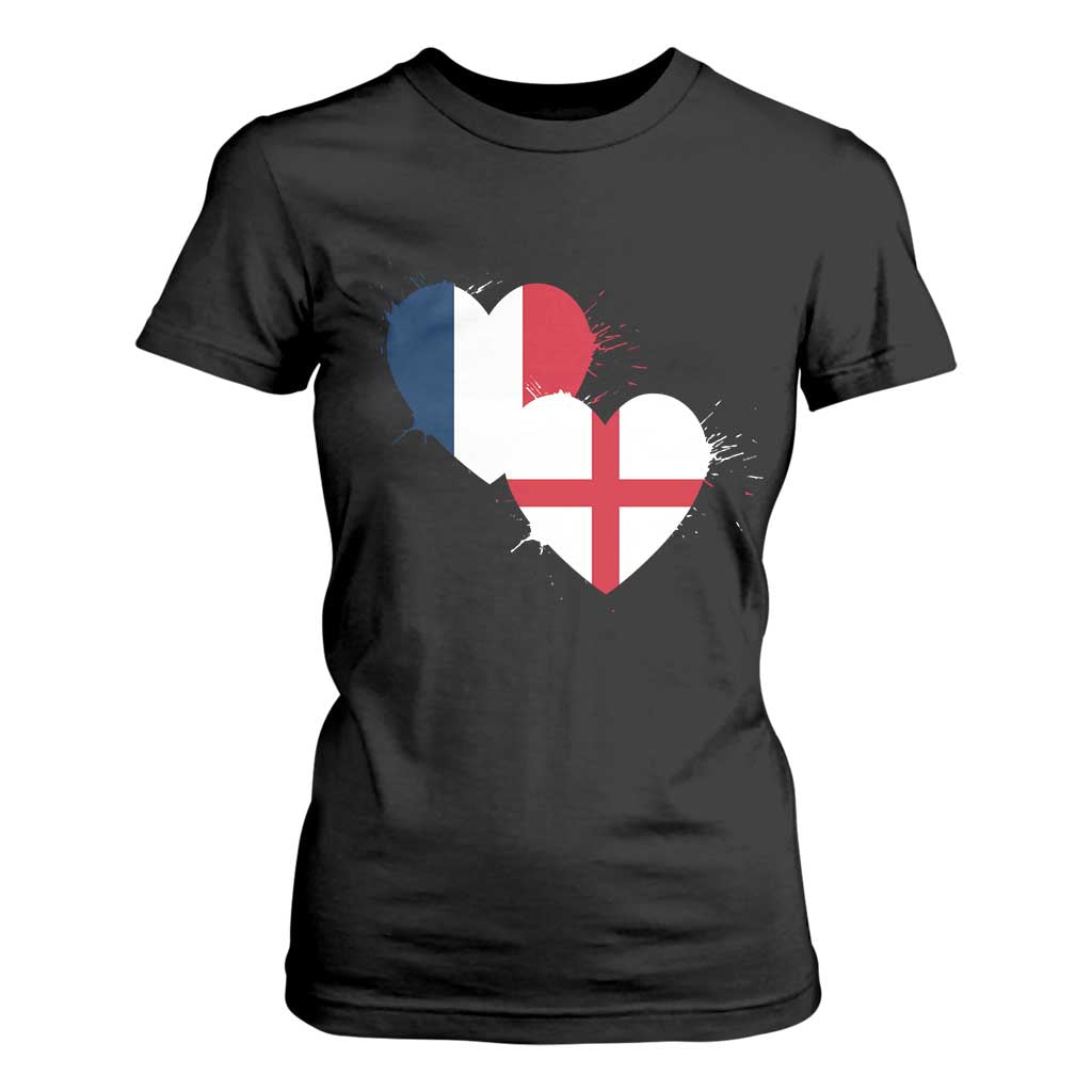 France England Flag Hearts Splatter Graphic T Shirt For Women Anglo English French Heritage Love Unity