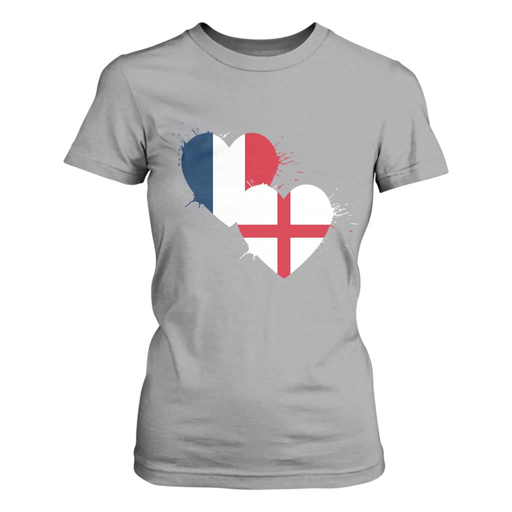 France England Flag Hearts Splatter Graphic T Shirt For Women Anglo English French Heritage Love Unity