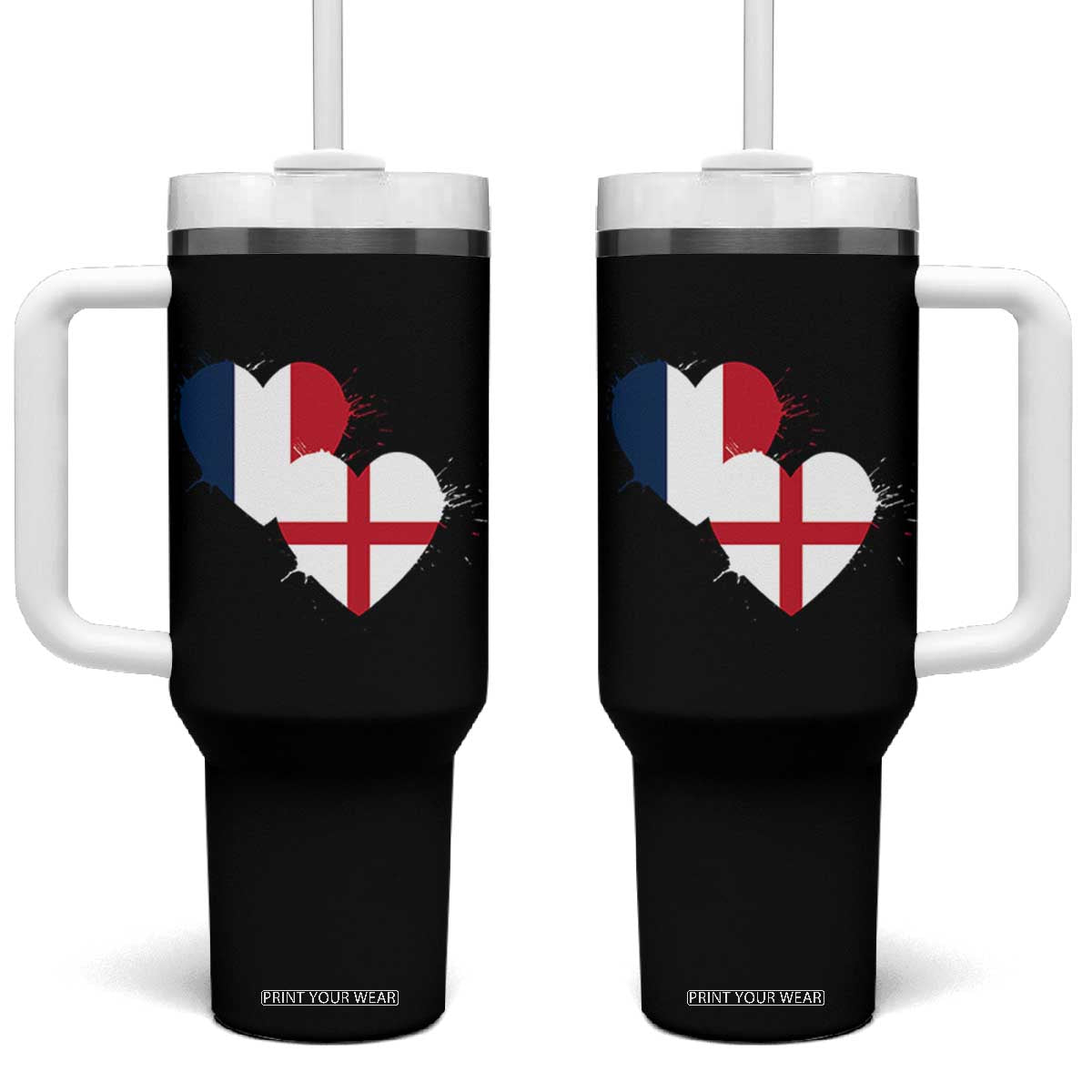 France England Flag Hearts Splatter Graphic Tumbler With Handle Anglo English French Heritage Love Unity TS02 One Size: 40 oz Black Print Your Wear