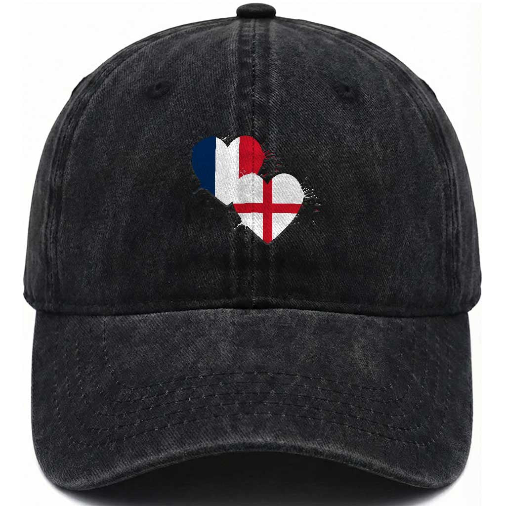 France England Flag Hearts Splatter Graphic Washed Cotton Baseball Cap Anglo English French Heritage Love Unity TS02 Print Your Wear