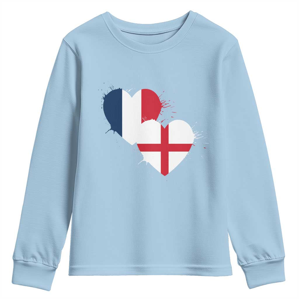 France England Flag Hearts Splatter Graphic Youth Sweatshirt Anglo English French Heritage Love Unity