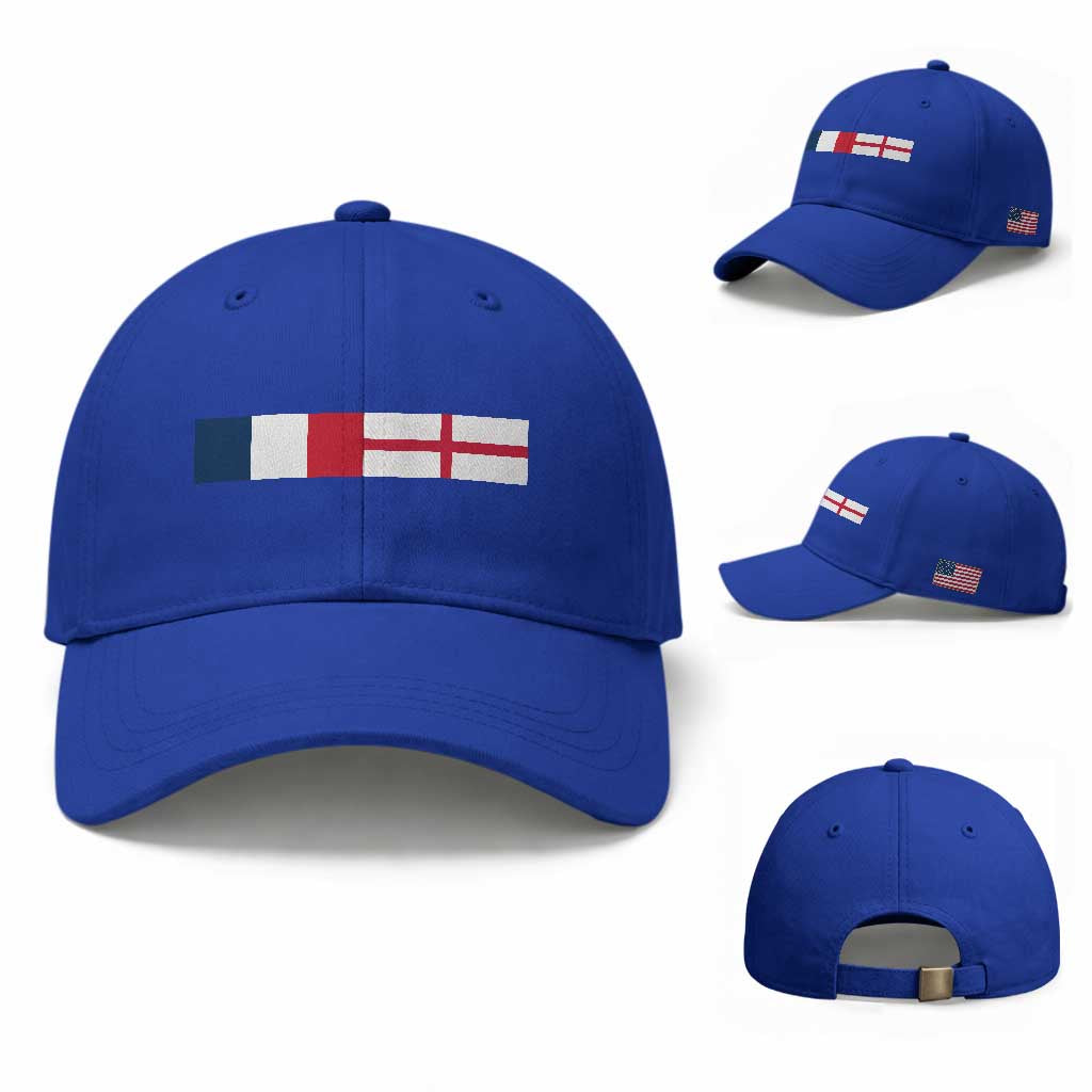 France England Dual Flag Graphic Baseball Cap Anglo English French Heritage Mixed Roots Pride Match Day TS02 Baseball Cap Universal Fit Royal Blue Print Your Wear
