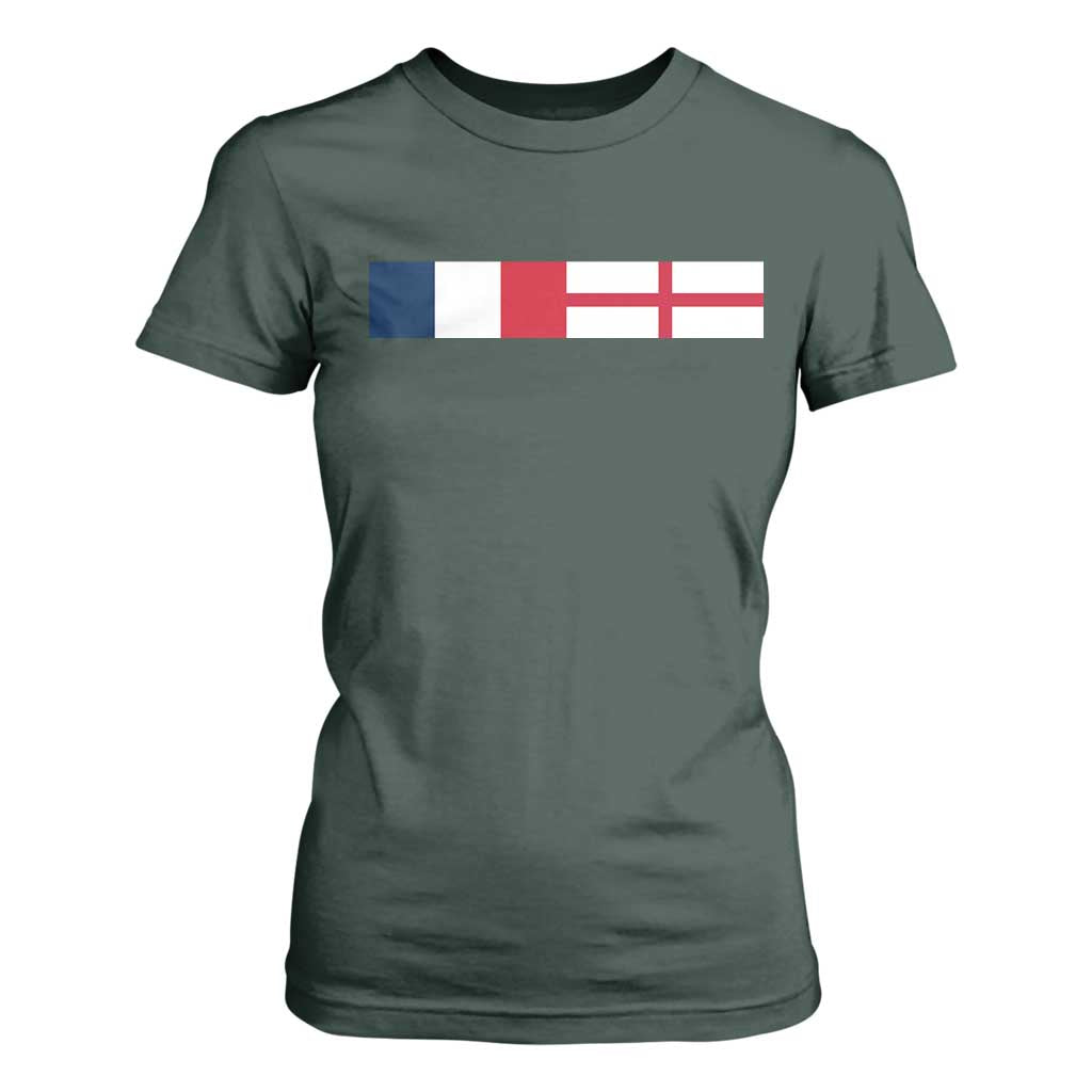 France England Dual Flag Graphic T Shirt For Women Anglo English French Heritage Mixed Roots Pride Match Day TS02 Dark Forest Green Print Your Wear