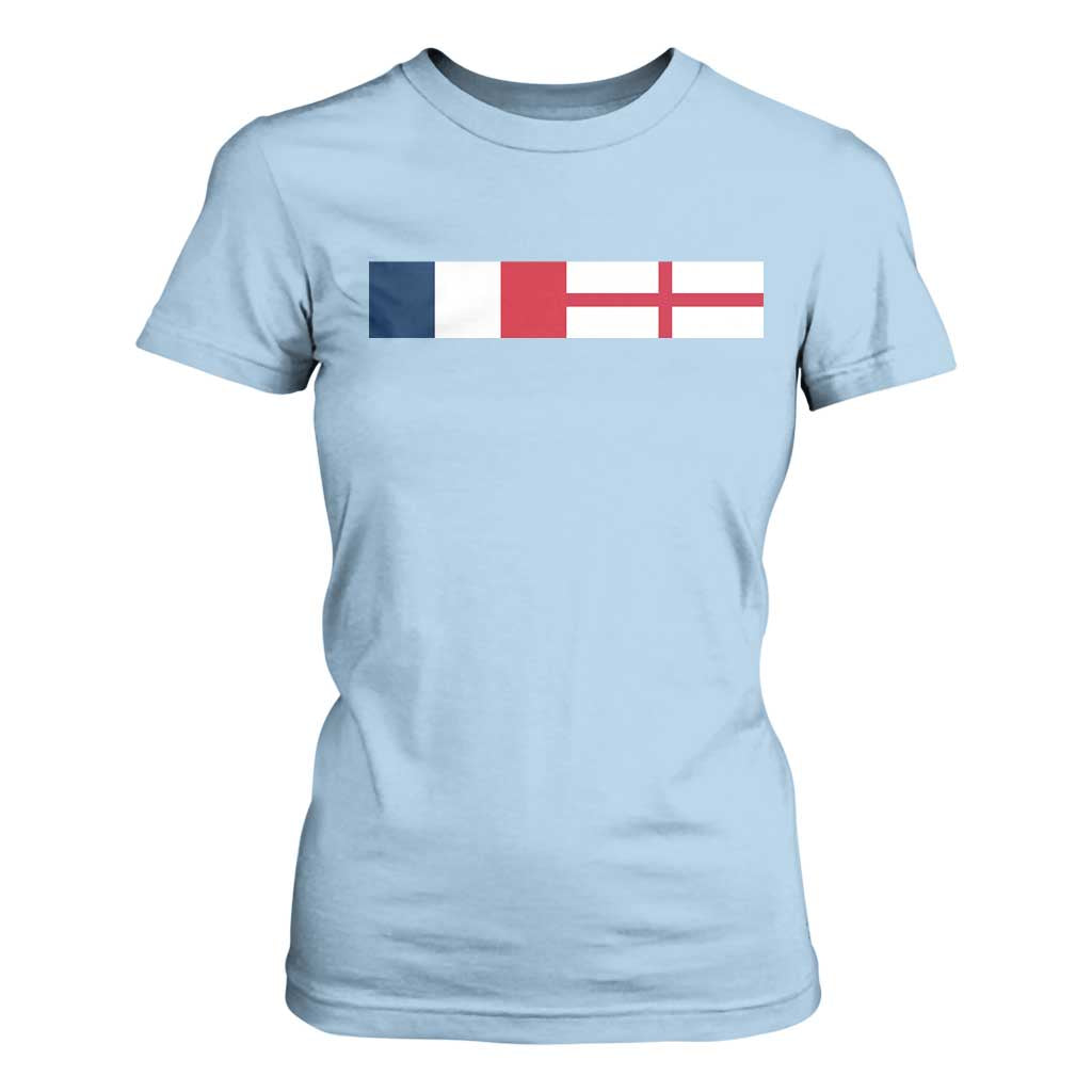 France England Dual Flag Graphic T Shirt For Women Anglo English French Heritage Mixed Roots Pride Match Day TS02 Light Blue Print Your Wear