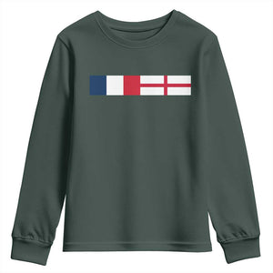 France England Dual Flag Graphic Youth Sweatshirt Anglo English French Heritage Mixed Roots Pride Match Day TS02 Dark Forest Green Print Your Wear