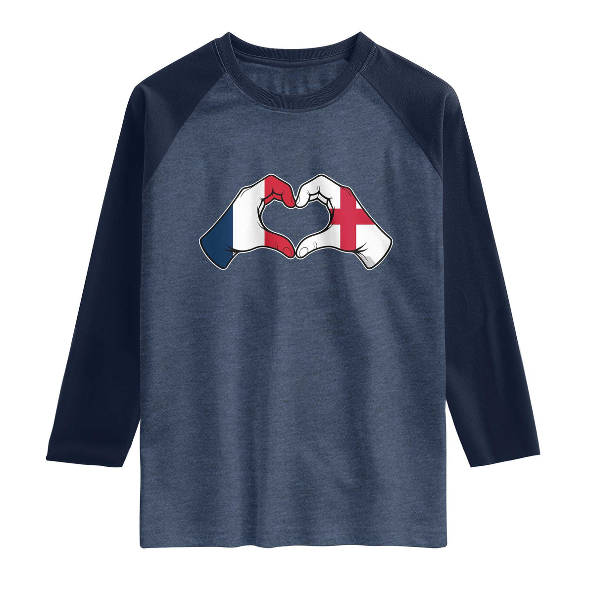 Proud Fance England Heritage Hand Heart Graphic Raglan Shirt French English Anglo Roots Cross Border Love Unity TS02 Heather Denim Navy Print Your Wear
