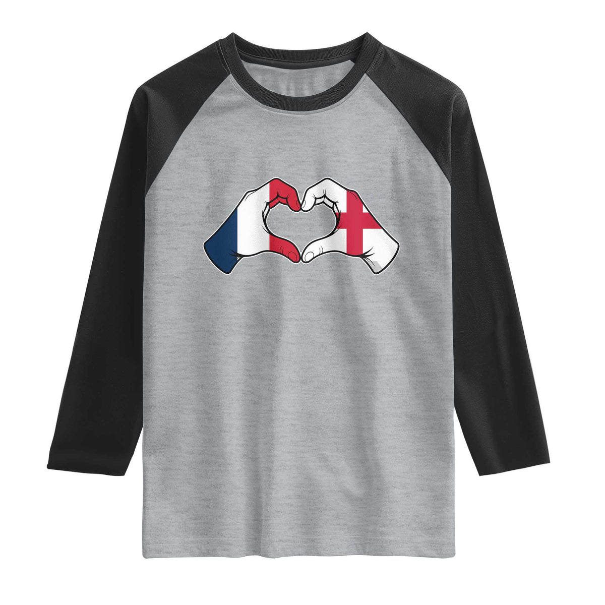 Proud Fance England Heritage Hand Heart Graphic Raglan Shirt French English Anglo Roots Cross Border Love Unity TS02 Heather Gray Black Print Your Wear