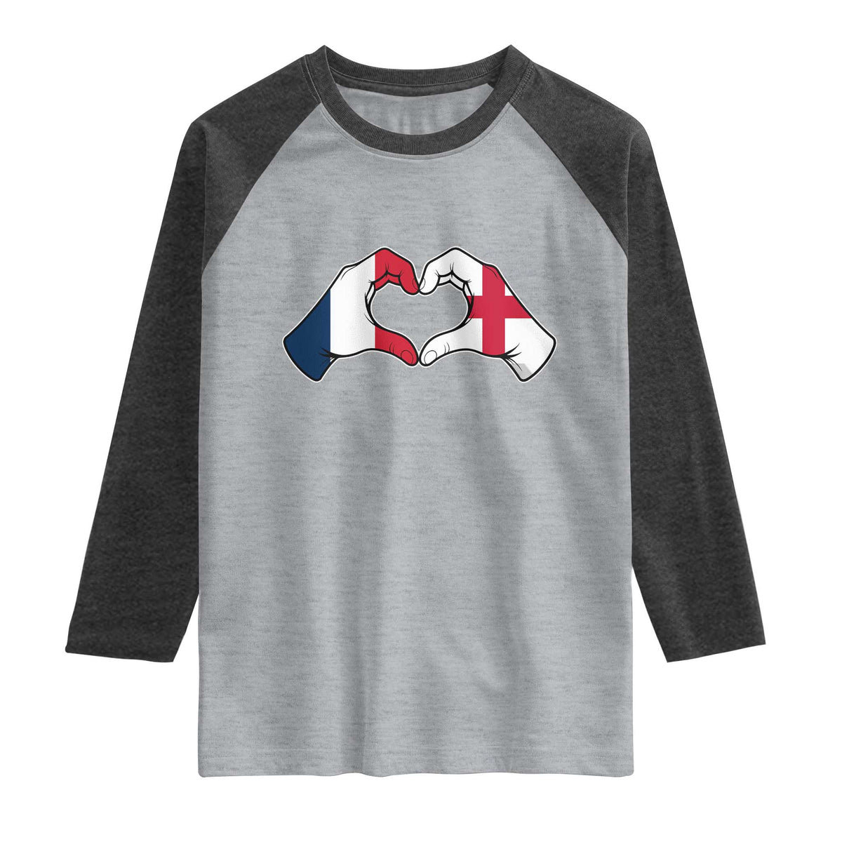 Proud Fance England Heritage Hand Heart Graphic Raglan Shirt French English Anglo Roots Cross Border Love Unity TS02 Heather Gray Heather Charcoal Print Your Wear