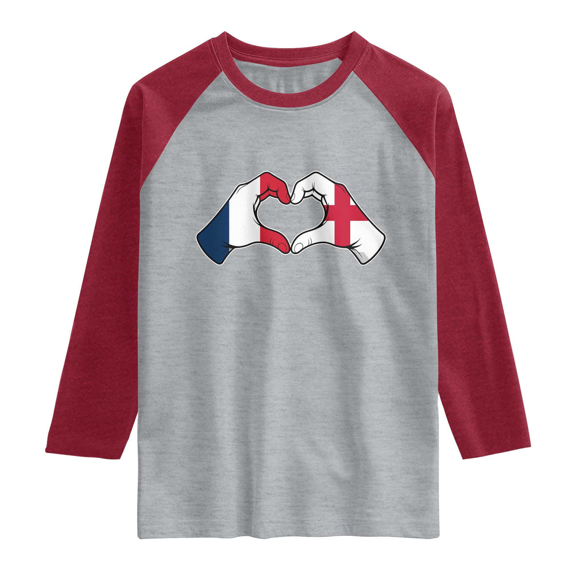Proud Fance England Heritage Hand Heart Graphic Raglan Shirt French English Anglo Roots Cross Border Love Unity TS02 Heather Gray Heather Red Print Your Wear