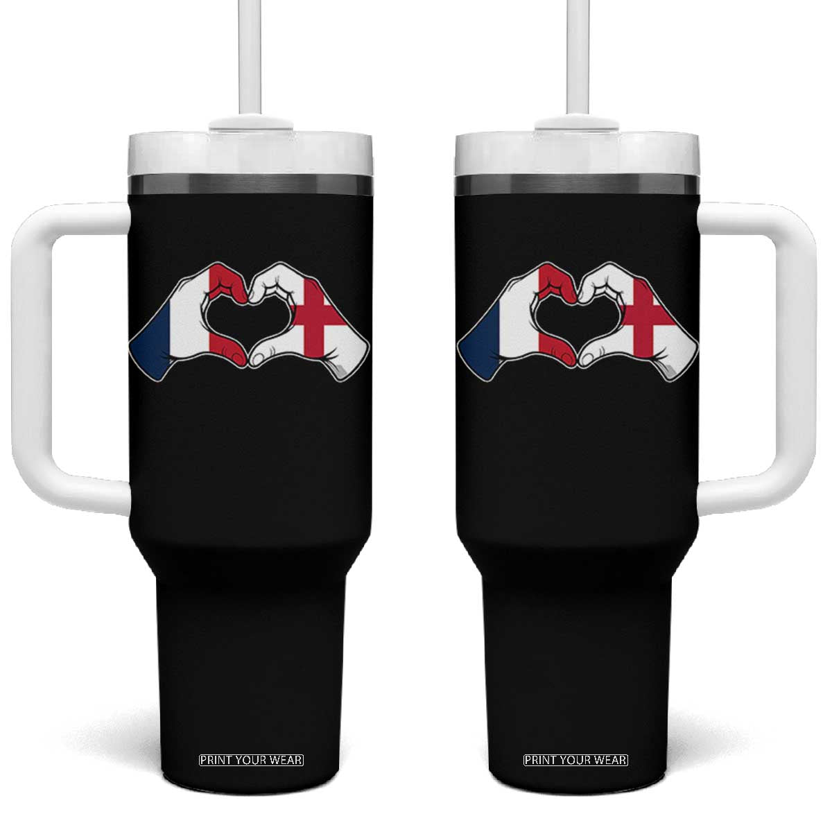 Proud Fance England Heritage Hand Heart Graphic Tumbler With Handle French English Anglo Roots Cross Border Love Unity TS02 One Size: 40 oz Black Print Your Wear
