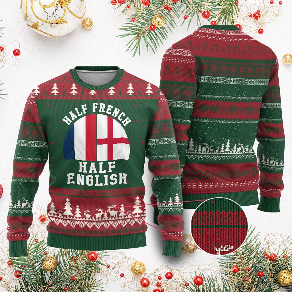 Half French Half English Split Flag Graphic Ugly Christmas Sweater Patriotic Anglo England France Dual Heritage DNA Ancestry TS02 Red Green Print Your Wear