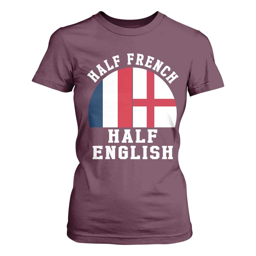 Half French Half English Split Flag Graphic T Shirt For Women Patriotic Anglo England France Dual Heritage DNA Ancestry