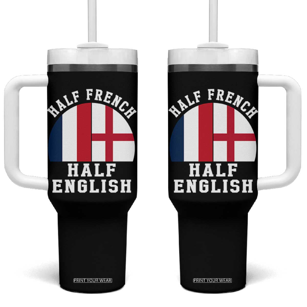Half French Half English Split Flag Graphic Tumbler With Handle Patriotic Anglo England France Dual Heritage DNA Ancestry TS02 One Size: 40 oz Black Print Your Wear