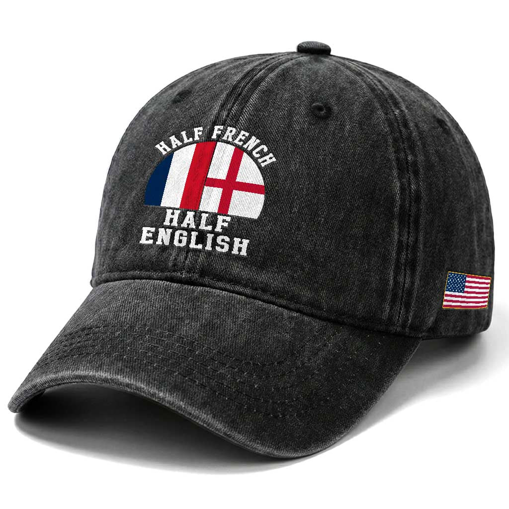 Half French Half English Split Flag Graphic Washed Cotton Baseball Cap Patriotic Anglo England France Dual Heritage DNA Ancestry TS02 Print Your Wear
