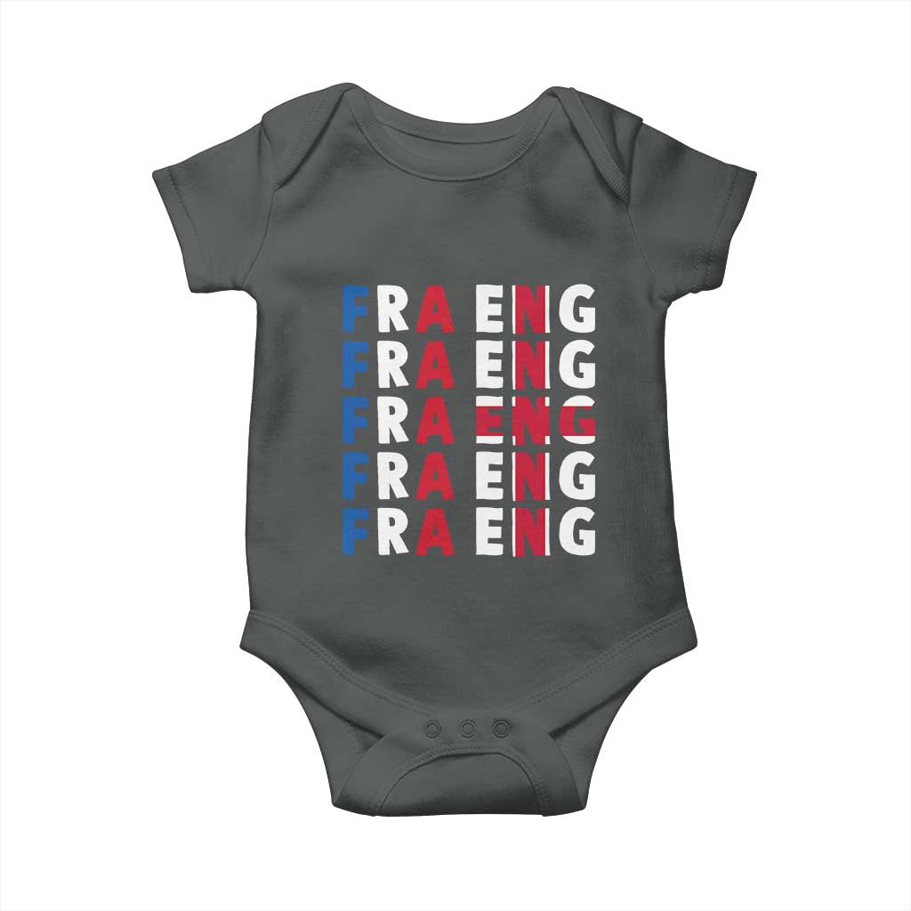 FRA ENG France England Flag Graphic Baby Onesie French English Typographic Dual Heritage Pride Match Day TS02 Dark Heather Print Your Wear