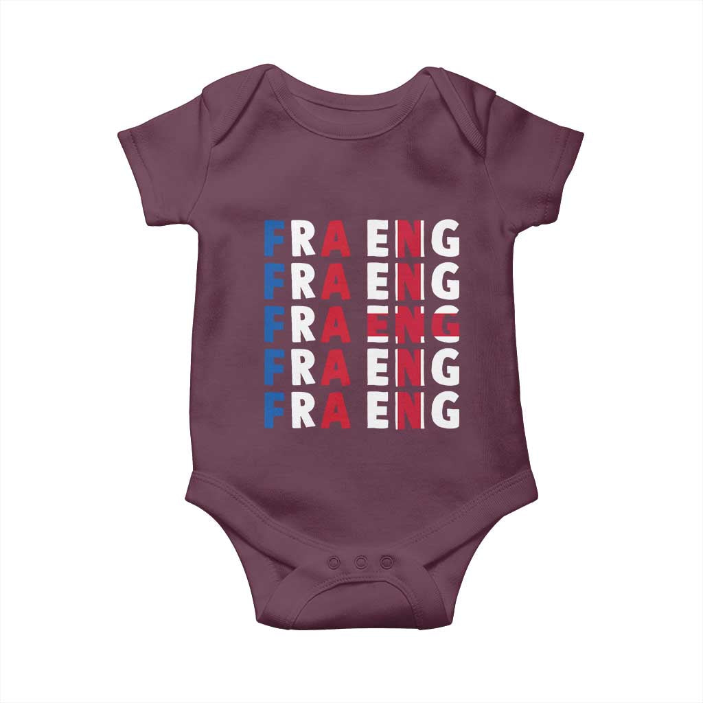FRA ENG France England Flag Graphic Baby Onesie French English Typographic Dual Heritage Pride Match Day TS02 Maroon Print Your Wear